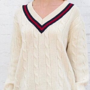 Brandy Melville Cream Cable Knit Varsity V-Neck Sweater Red Navy Stripe